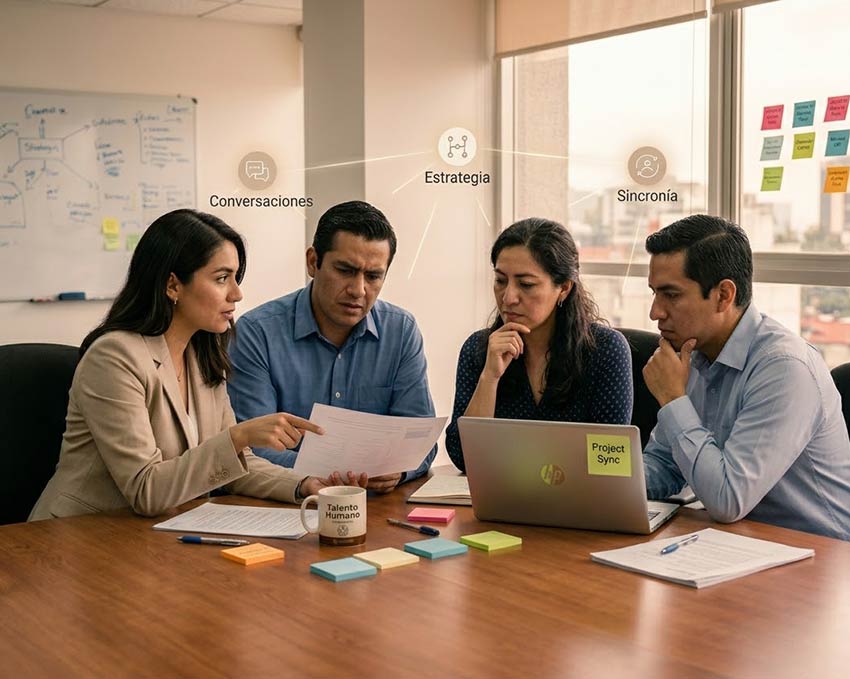 Equipo en reunión de trabajo revisando estrategia de comunicación
